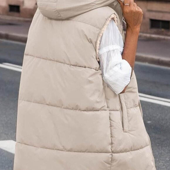 Fall Long Puffer Vest Women Sleeveless Hooded Reversible Fleece Sherpa Jacket Zi - Picture 5 of 5